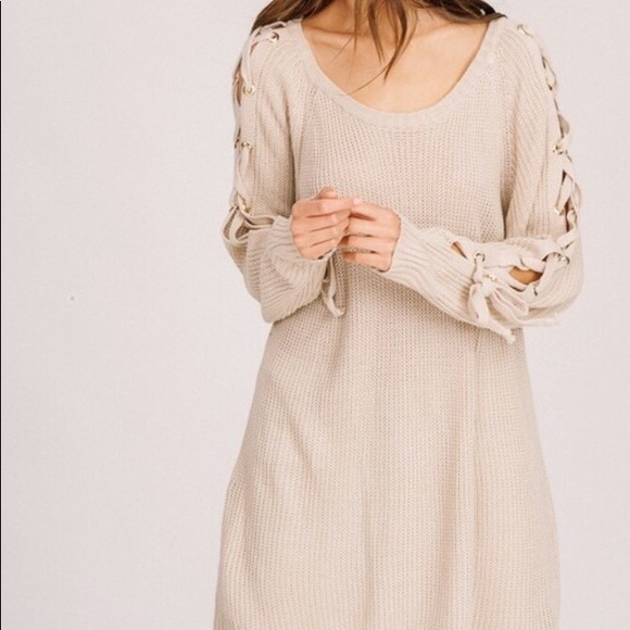 NWT Knit Crochet Taupe Pullover Long Sweater - Picture 3 of 3